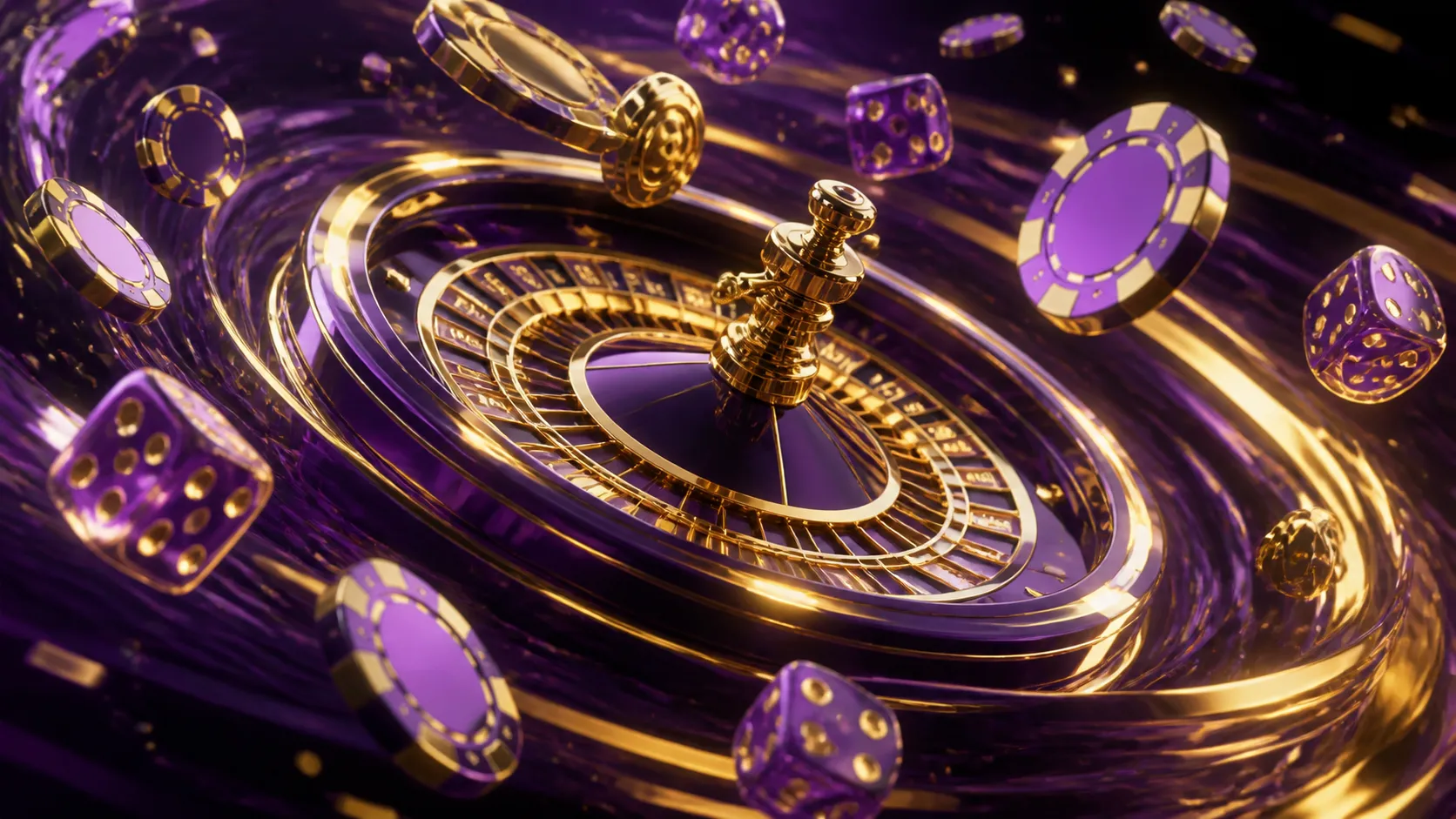 A luxurious online casino hero banner for Gtspins featuring glossy 3D poker chips and a glowing roulette wheel with elegant g